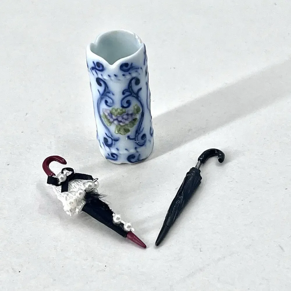 Vintage Ceramic Umbrella Holder with 2 Umbrellas Dollhouse Miniature 1:12